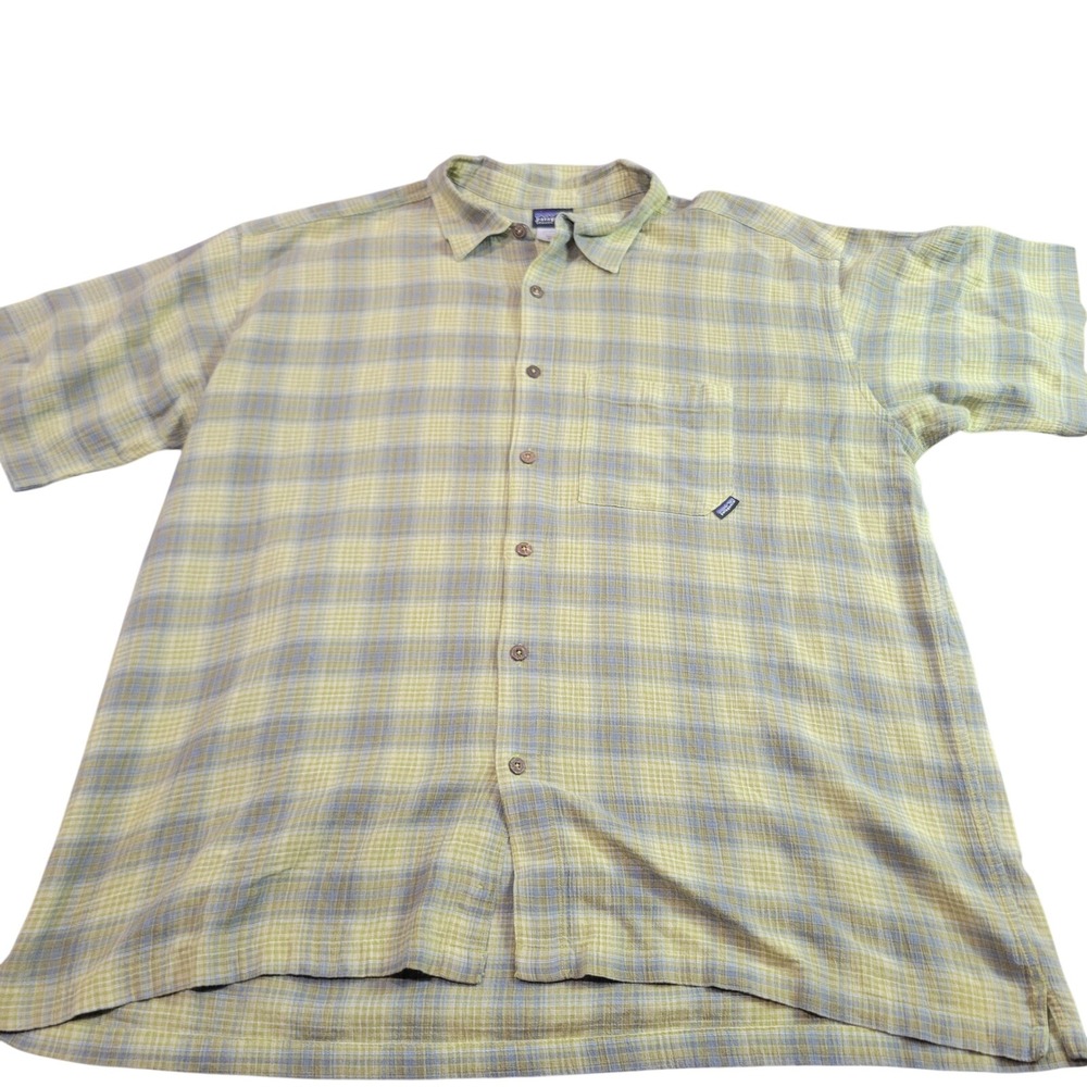 Patagonia Mens XL Organic Cotton Short Sleeve Plaid Button Shirt‎ Green Yellow